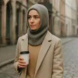 Kobieta w beżowym płaszczu i szarej balaklawie trzyma kubek kawy, spacerując po zaśnieżonej ulicy.