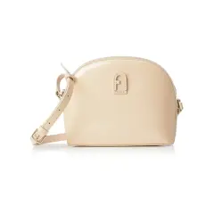 Beżowa torebka na ramię marki Furla, z charakterystycznym logo. Furla to włoska marka znana z eleganckich akcesoriów.