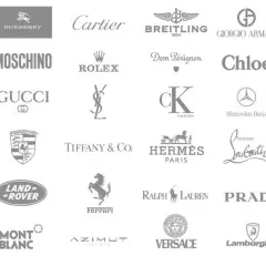 Kolekcja logotypów znanych marek, w tym wiele amerykańskich marek odzieżowych, takich jak Calvin Klein, Ralph Lauren, czy BOSS.