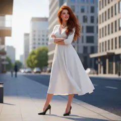 Elegancka kobieta w białej sukience i czarnych butach na obcasie stoi na chodniku w mieście.