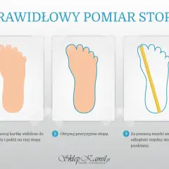Instrukcja prawidłowego pomiaru długości stopy: postaw stopę na kartce, obrysuj ją, a następnie zmierz miarką.