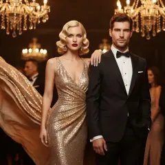 Elegancka para na imprezie w stylu hollywood. Ona w złotej sukni z cekinami, on w czarnym smokingu.