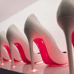 Rząd eleganckich, jasnych szpilek z czerwonymi podeszwami, przypominających kultowe Louboutiny, lśni w blasku neonowego światła.