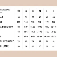 Tabela rozmiarów: jak czytać wymiary od XS do XL, uwzględniając wzrost, klatkę, talię, biodra i długość ręki/nogi.