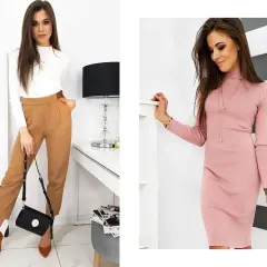 Kobieta w stylizacji podkreślającej figurę klepsydra. Po lewej w białym golfie i brązowych spodniach, po prawej w różowej sukience.