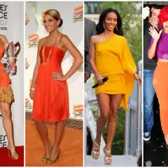 Carrie Underwood, Jamie Lynn Spears, Jada Pinkett Smith i Rihanna w stylizacjach. Jakie buty do pomarańczowej sukienki? Złote szpilki i sandałki.