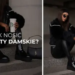 Elegancka kobieta w czarnym futrze i skórzanych legginsach pokazuje, jak nosić sztyblety damskie. Stylizacja z torebką i kawą.