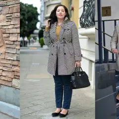 Eleganckie stylizacje dla puszystych: beżowy trencz, płaszcz w paski i kremowy płaszczyk. Wyszczuplające triki dla puszystych.