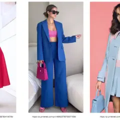 Trzy stylizacje damskie: granatowo-czerwona, niebieska z różem, błękitno-różowa.