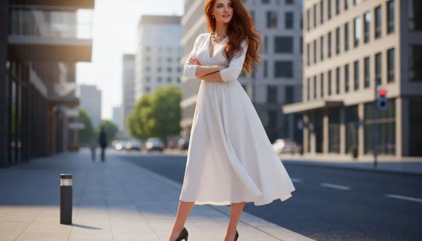 Elegancka kobieta w białej sukience i czarnych butach na obcasie stoi na chodniku w mieście.