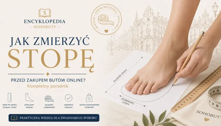 Kobieta mierzy stopę ołówkiem na papierze, by dobrać idealne buty. Poradnik "Jak zmierzyć stopę" z zaznaczoną długością i szerokością. Podeszwa buta będzie dopasowana.