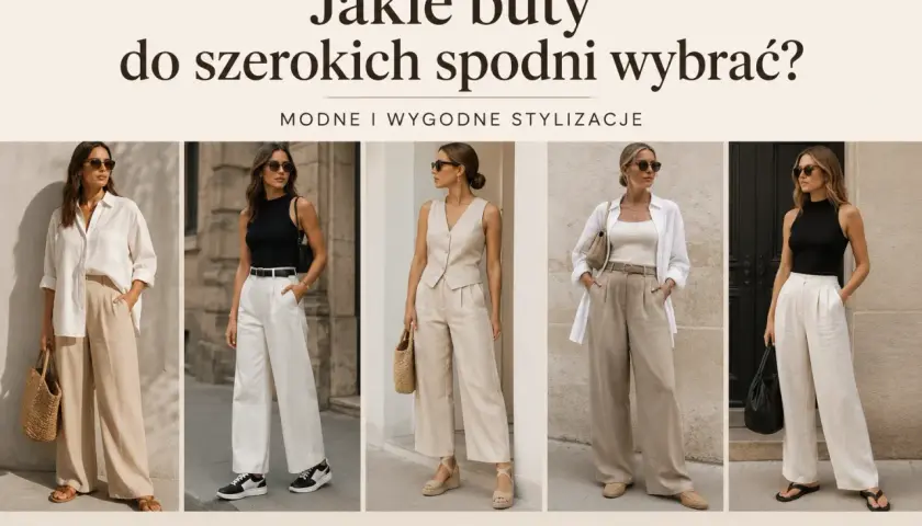 Pięć stylizacji z szerokimi, eleganckimi spodniami i różnymi butami: sandały, sneakersy, koturny, mokasny, klapki.