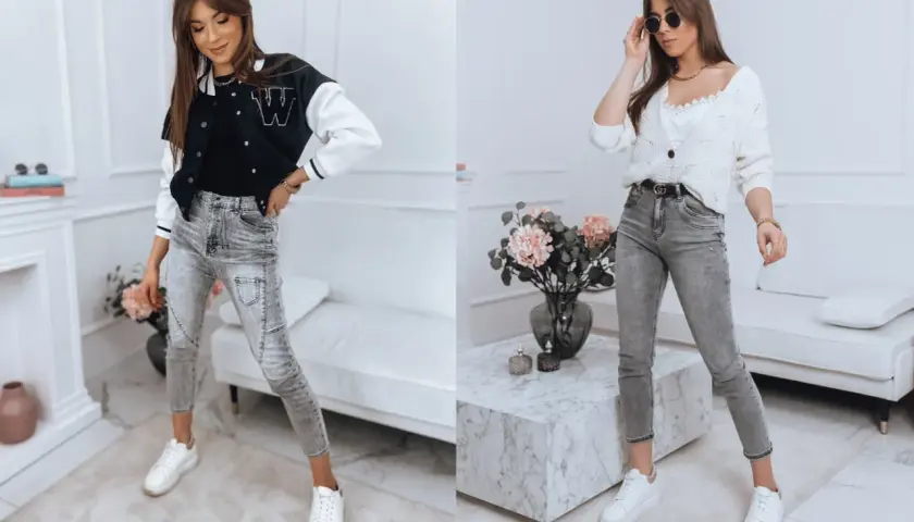 Dwie stylizacje z jeansami: bomberka i crop top lub biały sweterek.