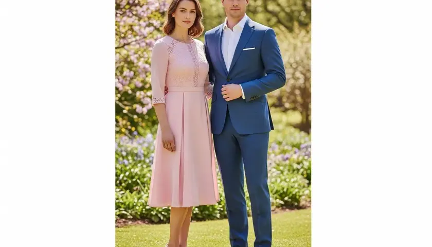 Elegancka para w ogrodzie. Ona w różowej sukience, on w niebieskim garniturze. Idealne stroje, jak się ubrać na chrzciny.