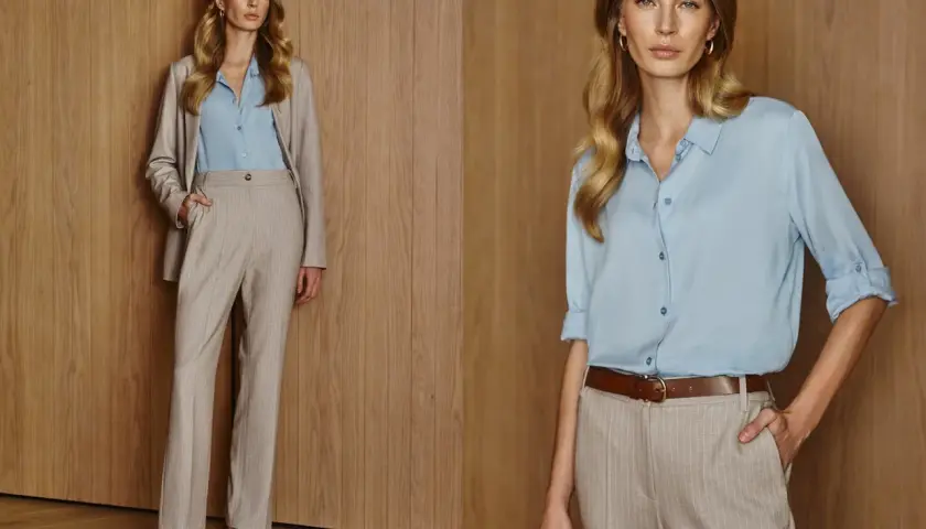 Elegancka stylizacja na spotkanie biznesowe: jasnoniebieska koszula, beżowy garnitur w prążki, brązowy pasek i mokasyny.