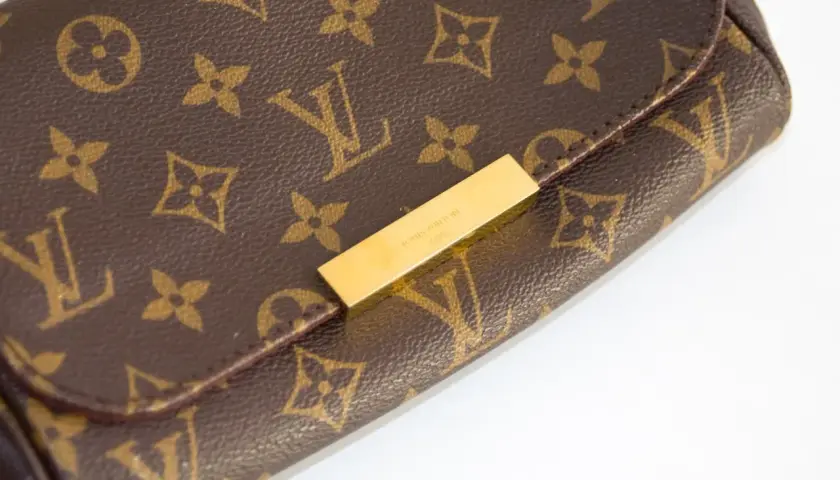 Złota blaszka z napisem "LOUIS VUITTON PARIS" na brązowej torebce z monogramem. Chcesz sprawdzić numer seryjny?
