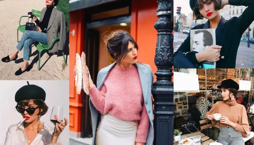 Francuska projektantka mody w paryskim stylu: berety, bagietki i kawa na ulicy.
