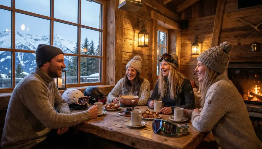 Czworo przyjaciół cieszy się przytulnym apres ski w drewnianej chacie, z widokiem na ośnieżone góry.