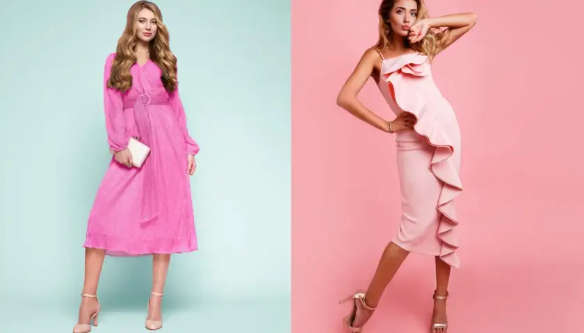 Eleganckie stylizacje: jakie buty do sukienki? Różowe kreacje i cieliste szpilki tworzą idealny duet.
