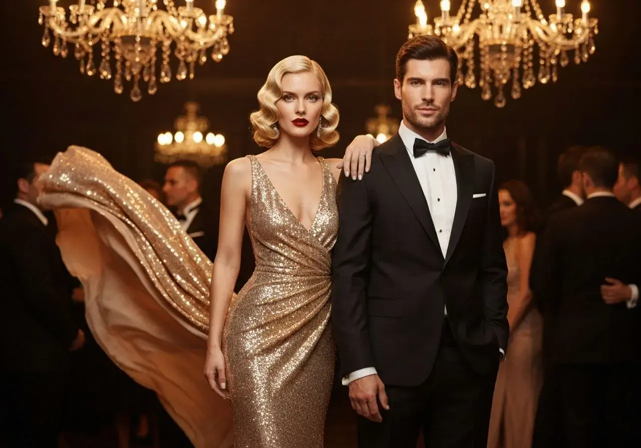 Elegancka para na imprezie w stylu hollywood. Ona w złotej sukni z cekinami, on w czarnym smokingu.
