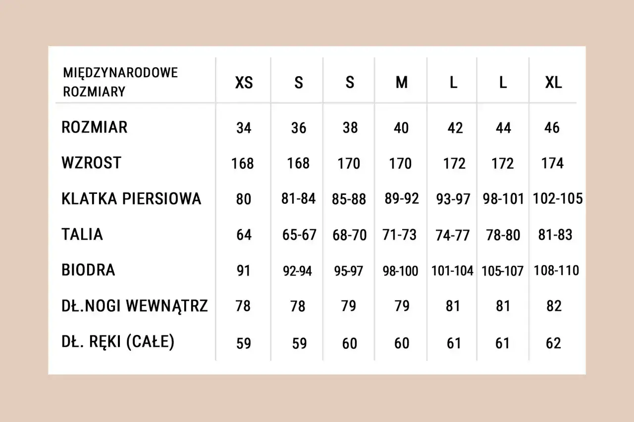 Tabela rozmiarów: jak czytać wymiary od XS do XL, uwzględniając wzrost, klatkę, talię, biodra i długość ręki/nogi.
