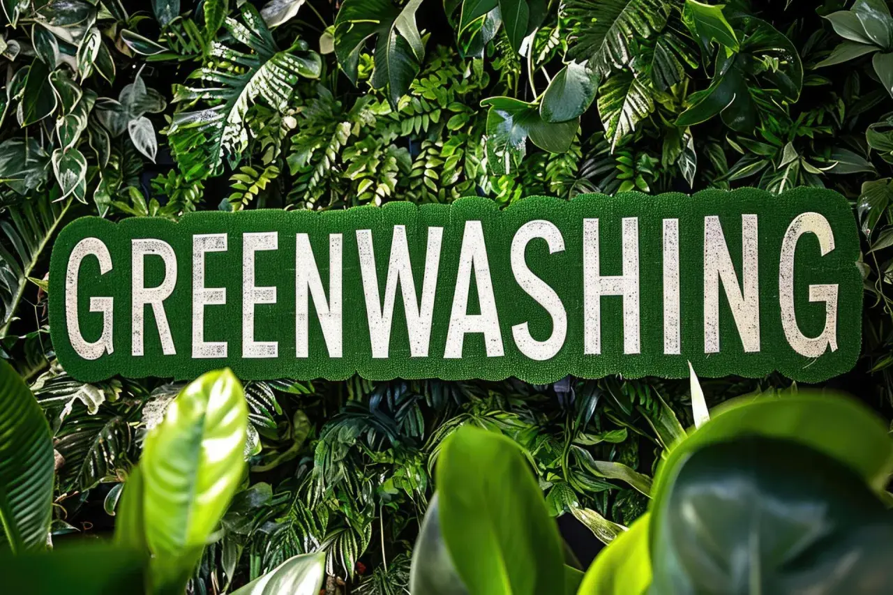 Zielona ściana z napisem "GREENWASHING" na tle bujnej roślinności. Uważaj na firmy udające ekologiczną modę.
