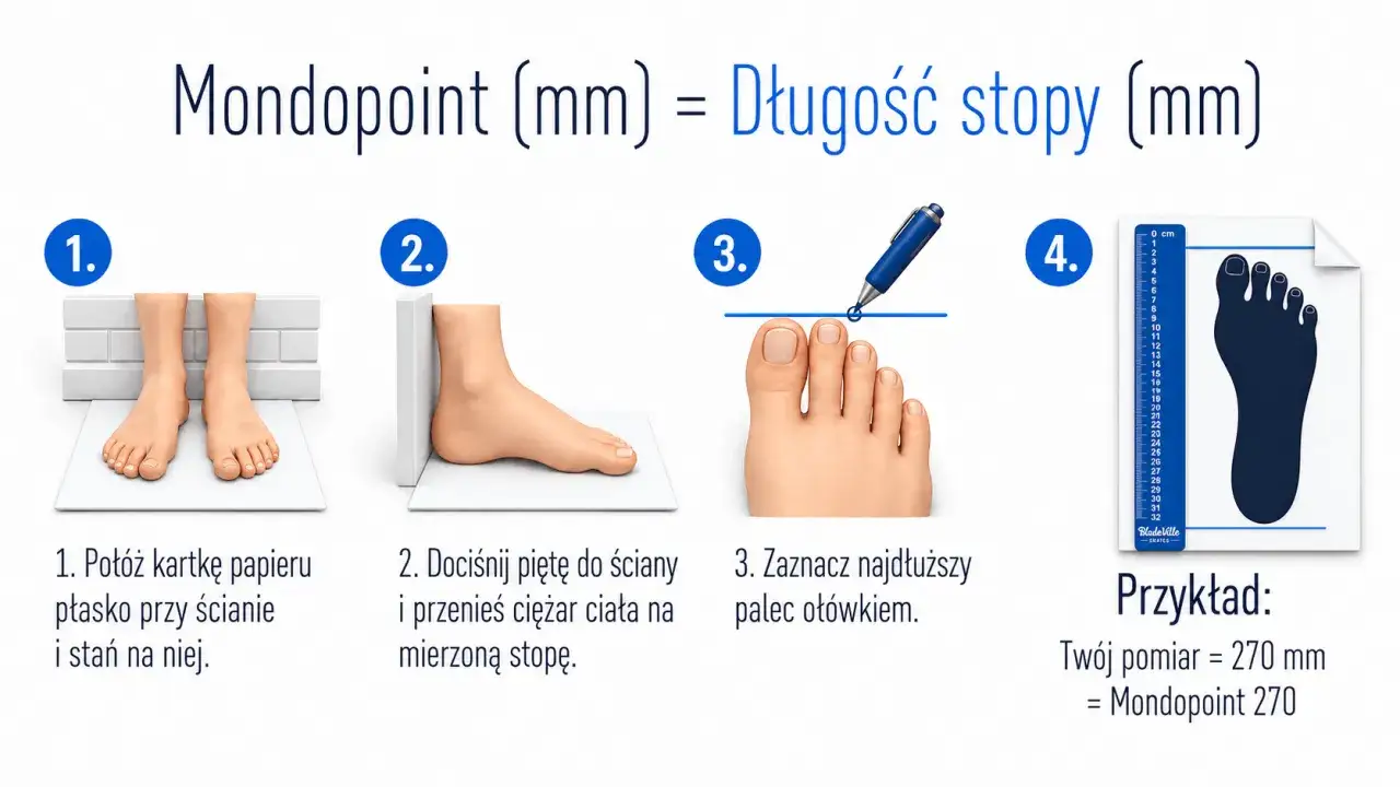 Instrukcja mierzenia stopy: postaw stopę na kartce, dociśnij piętę do ściany, zaznacz najdłuższy palec. Długość wkładki rozmiar buta w cm. Przykład: Mondopoint 270.
