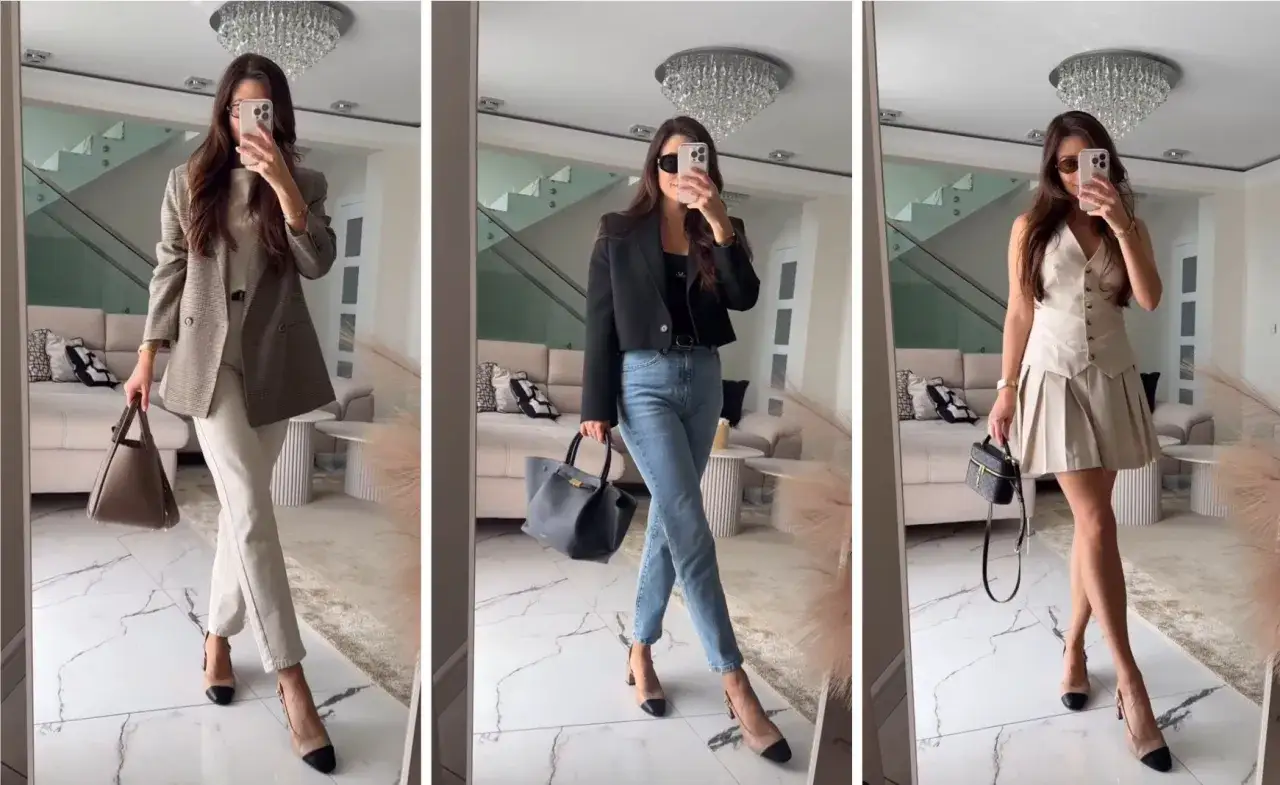 Stylizacje z beżowymi butami: elegancka marynarka, jeansy z czarną ramoneską lub beżowy komplet. Jaka torebka do beżowych butów? Brązowa, szara lub czarna.