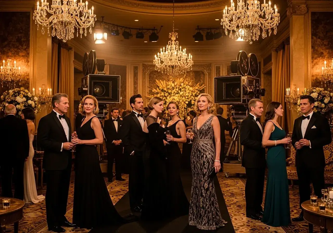 Elegancka impreza w stylu hollywoodzkim z kamerami filmowymi i ludźmi w wieczorowych strojach.