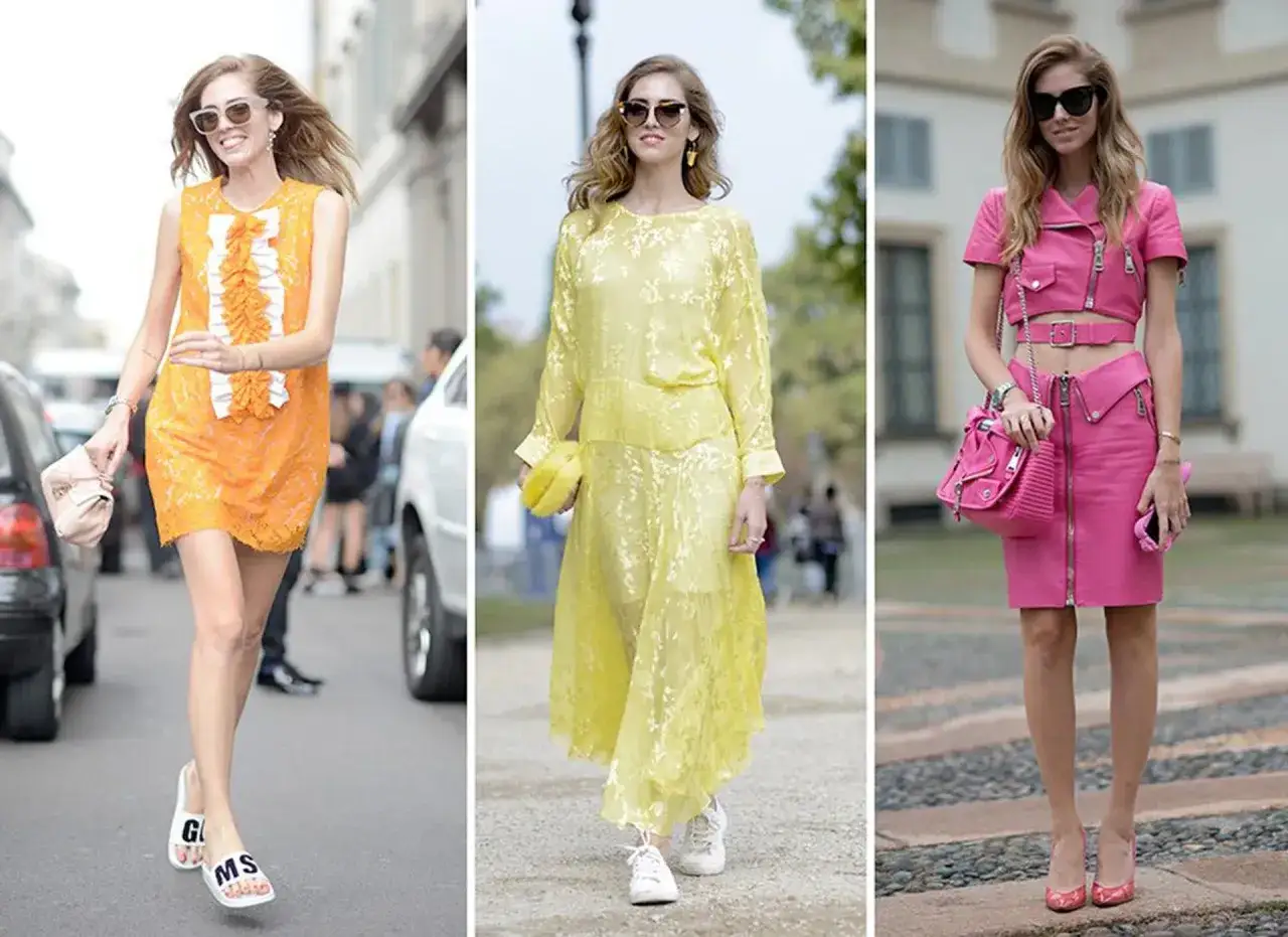 Chiara Ferragni w trzech stylizacjach: pomarańczowa sukienka, żółty komplet i różowy garnitur.