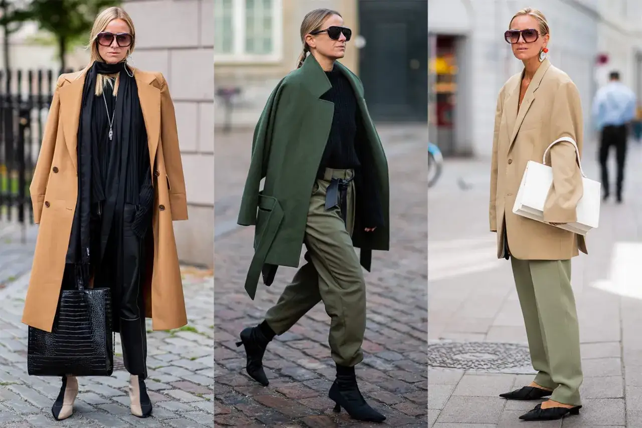 Trzy kobiety w stylizacjach inspirowanych marką Celine. Eleganckie płaszcze, spodnie i torebki tworzą modny look.