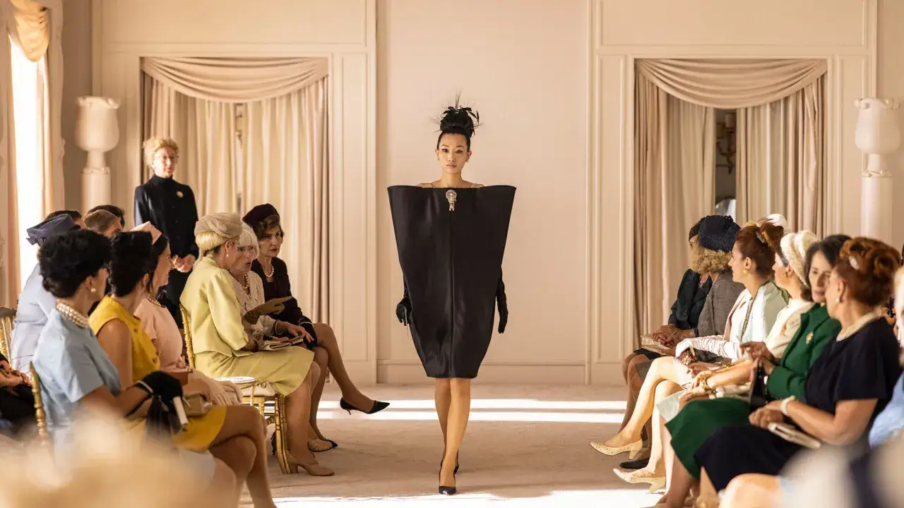 Pokaz mody z lat 60. Modelka w awangardowej sukni. Widownia w eleganckich strojach. Czy to Balenciaga? Co to za firma?