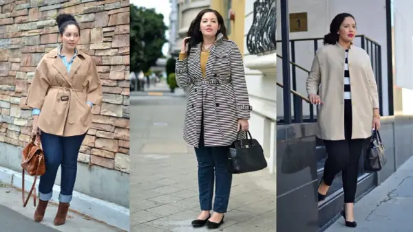 Eleganckie stylizacje dla puszystych: beżowy trencz, płaszcz w paski i kremowy płaszczyk. Wyszczuplające triki dla puszystych.